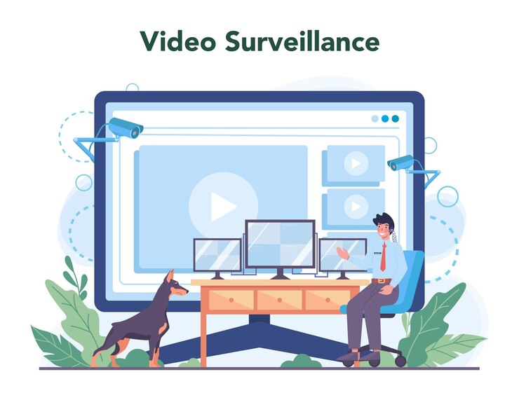 Vector gratuito servicio o plataforma en línea de guardia de seguridad idea de vigilancia y protección guardaespaldas que guía a un cliente por seguridad vigilancia por video ilustración plana vectorial