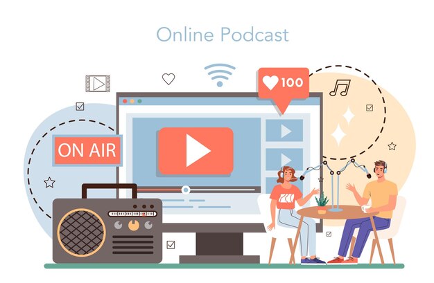 Servicio o plataforma en línea de host de radio Idea de transmisión de noticias en el estudio DJ de radio entrevistando a una persona Podcast en línea Ilustración de vector plano