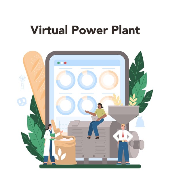 Servicio o plataforma en línea de la industria de fusión de harina Fábrica industrial de procesamiento de granos moderna Producto para la fabricación de pan Ilustración de vector plano VPP en línea