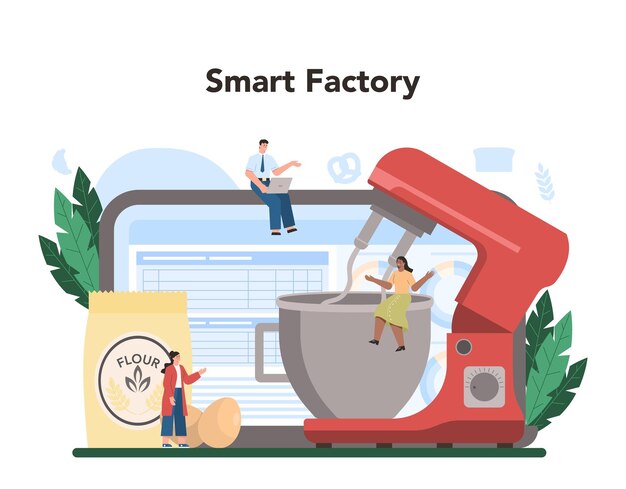 Servicio o plataforma en línea de la industria de la panadería Proceso de pastelería para hornear Trabajador de panadería que hace masa y productos de pastelería Fábrica inteligente en línea Ilustración de vector plano