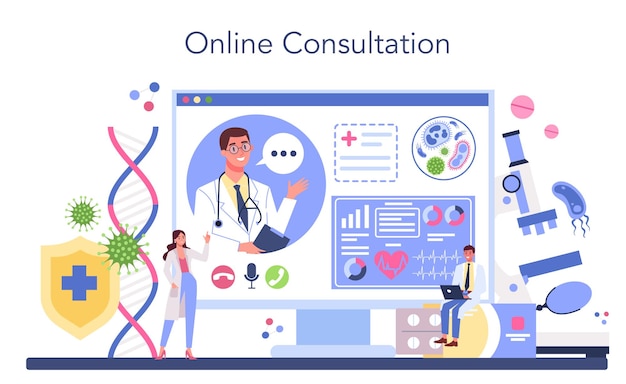 Servicio o plataforma en línea de inmunólogo profesional Idea de prevención de virus de atención médica Terapia y vacunación del sistema inmunitario Consulta en línea Ilustración de vector plano aislado