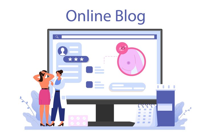 Vector gratuito servicio o plataforma en línea de mamólogos consulta con el médico sobre la enfermedad de las mamas detección de mamas blog en línea ilustración plana vectorial