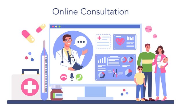 Servicio o plataforma en línea de médico de familia. Tratamiento de medicina moderna de atención médica. Experiencia y diagnóstico. Consulta en línea. Ilustración de vector plano.