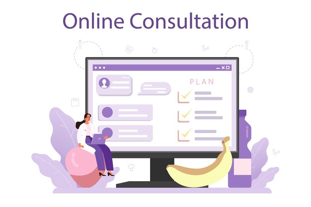 Servicio o plataforma en línea de nutricionista Terapia nutricional con alimentos saludables y actividad física Programa de pérdida de peso Consulta en línea Ilustración vectorial