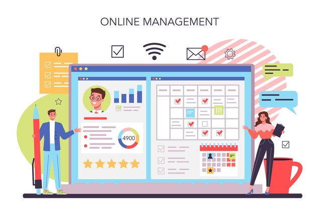Servicio o plataforma en línea de planificación empresarial Establecer una meta o un objetivo y seguir el cronograma Idea de planificación y organización Gestión en línea Ilustración de vector plano