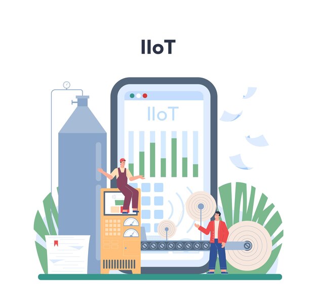 Servicio o plataforma en línea de producción de papel y procesamiento de madera Corte de madera y fabricación de papel y cartón Ilustración de vector plano aislado IIoT en línea