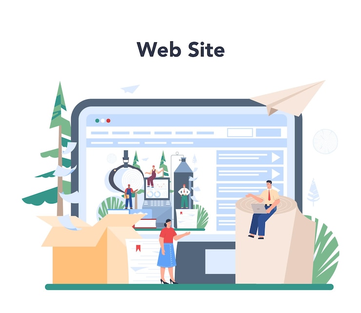 Vector gratuito servicio o plataforma en línea de producción de papel y procesamiento de madera corte de madera y fabricación de papel y cartón sitio web ilustración de vector plano aislado