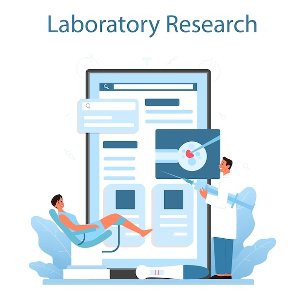 Servicio o plataforma en línea de reproductólogo investigación de material biológico de anatomía humana monitoreo de embarazo y diagnóstico médico investigación de laboratorio ilustración plana aislada