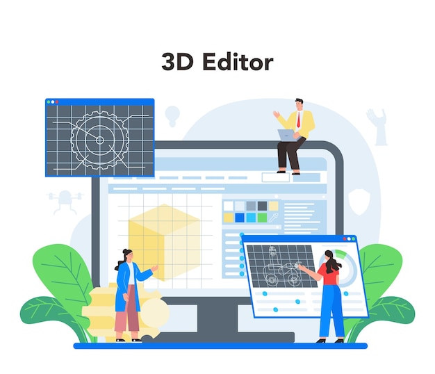 Servicio o plataforma en línea de robótica Ingeniería robótica y construcción Inteligencia artificial en la industria del modelado Editor 3d Ilustración vectorial Flate