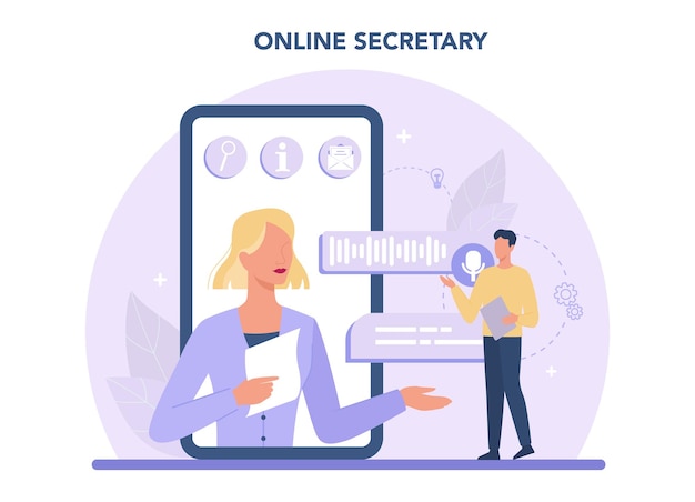 Servicio o plataforma en línea de secretaria Recepcionista que contesta llamadas y ayuda con la documentación Secretaria en línea Ilustración de vector plano