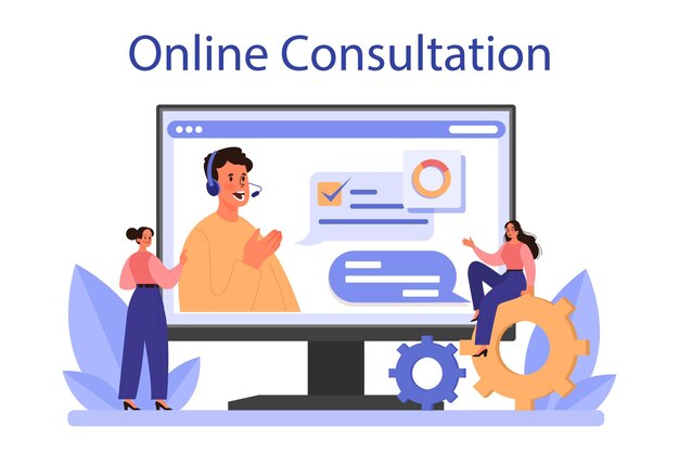 Servicio o plataforma en línea de soporte técnico del sitio web Servicio de diagnóstico de la página web Proporcionar información actualizada al sitio web Consulta en línea Ilustración de vector plano