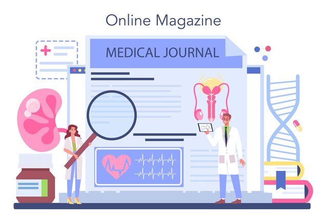 Servicio o plataforma en línea de urólogo Idea de tratamiento de riñón y vejiga Atención de urología hospitalaria Revista en línea Ilustración plana vectorial