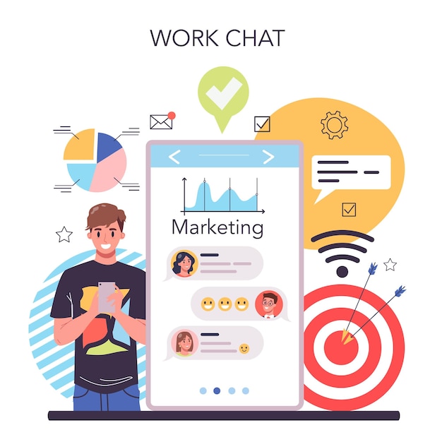 Vector gratuito servicio o plataforma de marketing en línea investigación y análisis de mercado desarrollo de tendencias de mercado de promoción de la empresa chat de trabajo en línea ilustración de vector plano aislado