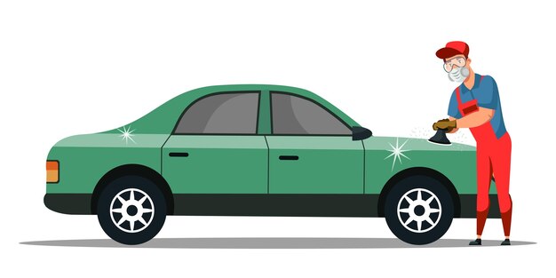 Servicio o tienda de mantenimiento de automóviles de pulido de automóviles Trabajador hombre con uniforme y máscara protectora en la cara con esponja para la limpieza del transporte
