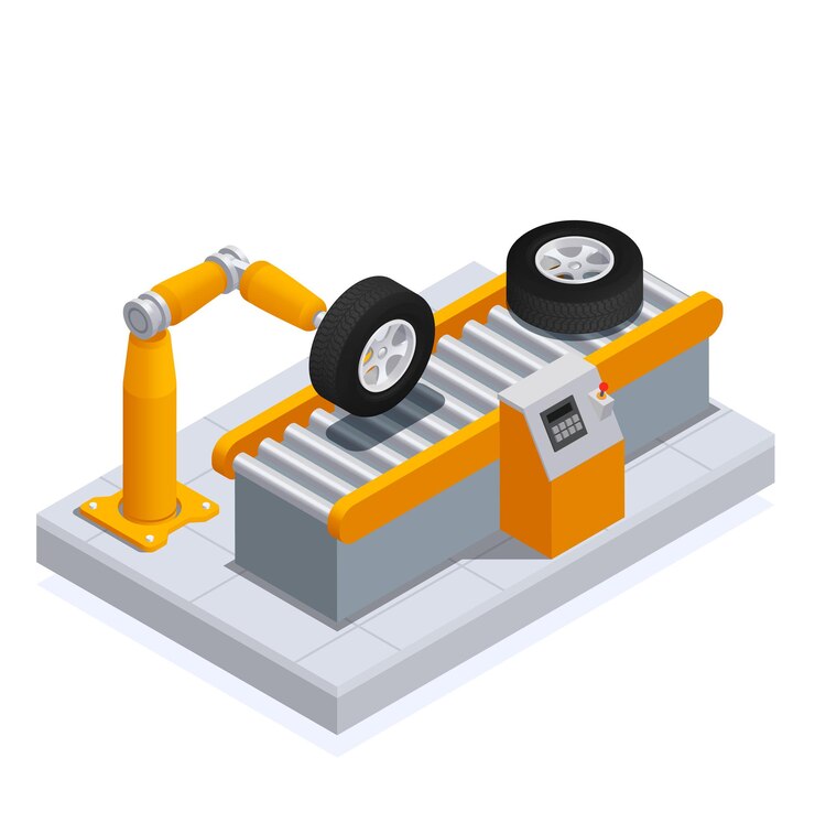 Vector gratuito servicio de producción de neumáticos de color isométrico y composición con etapa de control automático en la ilustración de vector de fábrica