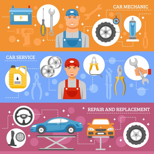 Servicio de reparación de automóviles conjunto de Banners planas