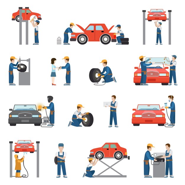 Servicio de reparación de automóviles de estilo plano Diagnóstico de ajuste de neumáticos Pintura de vehículos Soldadura Elevación de ventana Repuestos de repuesto Piezas de trabajador en el paquete de trabajo. Transporte de recogida de objetos de servicios empresariales.