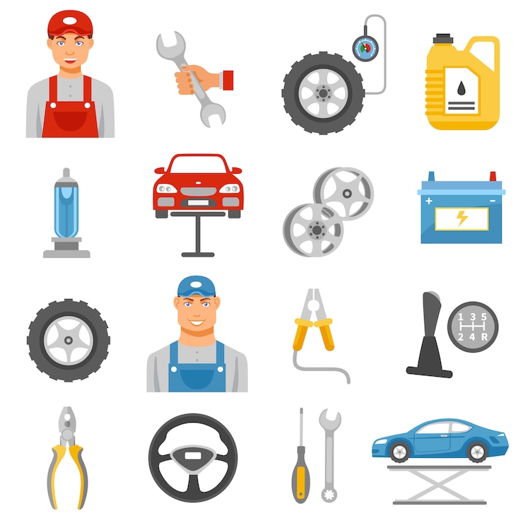 Vector gratuito servicio de reparación de automóviles iconos planos establecidos