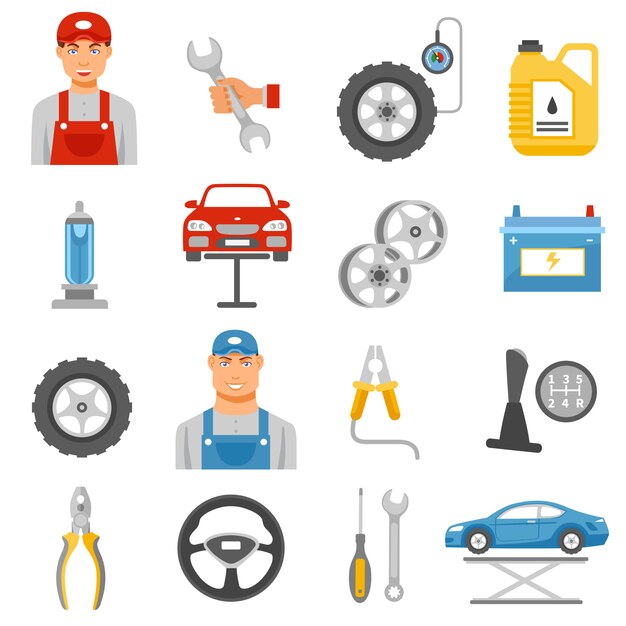 Servicio de reparación de automóviles iconos planos establecidos
