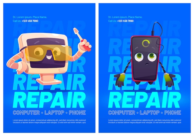 Servicio de reparación de gadgets, carteles publicitarios de dibujos animados, personajes de computadoras y teléfonos inteligentes, una linda computadora de escritorio con gafas protectoras y un destornillador en la mano. mascotas vectoriales arreglando la reparación de dispositivos electrónicos rotos