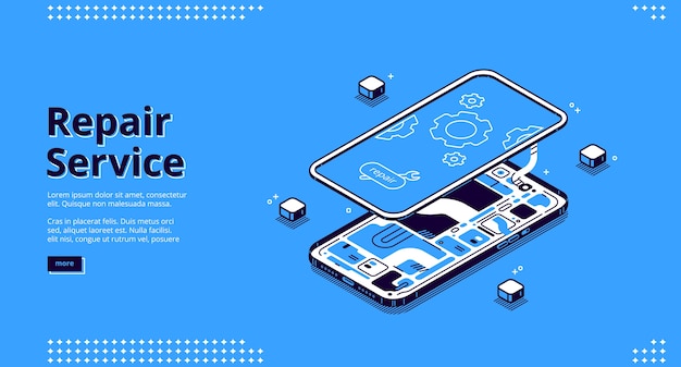 Vector gratuito servicio de reparación de página de inicio isométrica, reparación de teléfono móvil desmontado, teléfono inteligente destrozado con microcircuito y pantalla con engranajes, dispositivo electrónico roto, pantalla táctil, banner web de arte de línea 3d