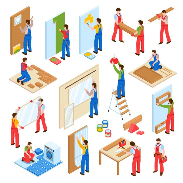 Servicio de reparación de viviendas remodelación remodelación trabajadores colección isométrica