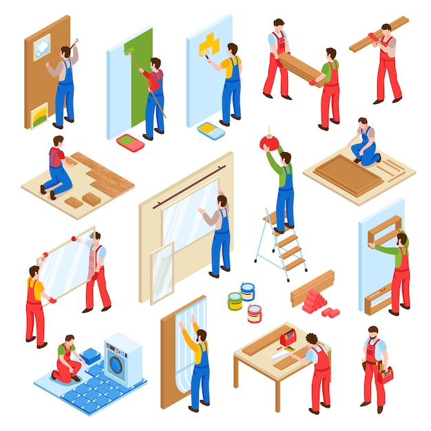 Servicio de reparación de viviendas remodelación remodelación trabajadores colección isométrica