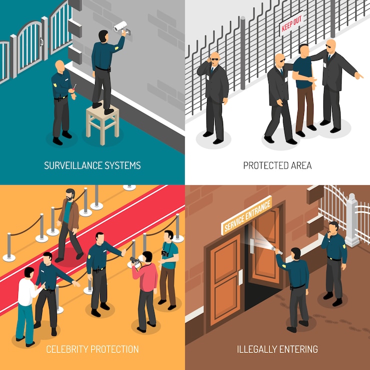 Vector gratuito servicio de seguridad 4 iconos isométricos cuadrados