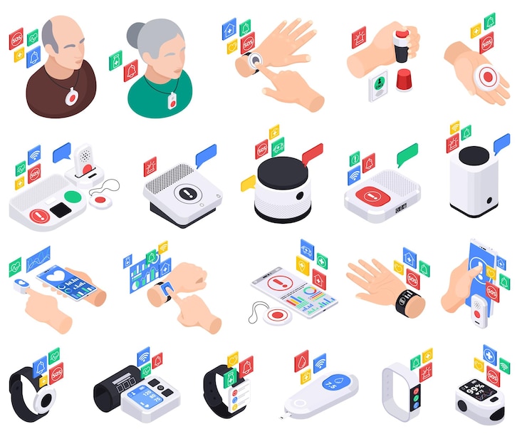 Vector gratuito servicio de sistemas de alerta de emergencia médica para personas mayores conjunto isométrico de iconos aislados con dispositivos portátiles y pictogramas ilustración vectorial