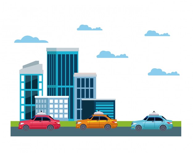 Servicio de taxi en icono de paisaje urbano