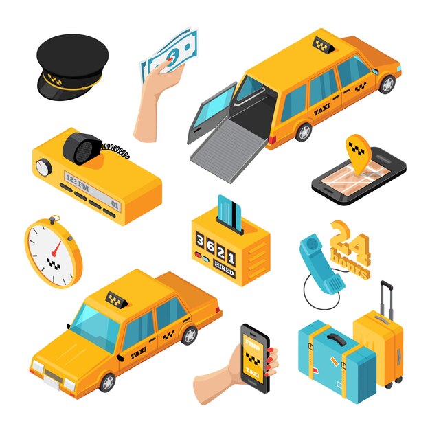 Servicio de taxi isométrica iconos aislados