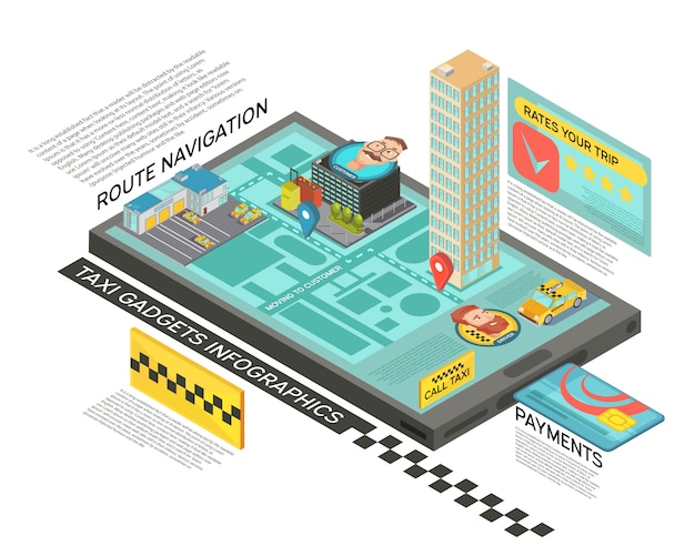 Servicio de taxi en línea con infografías isométricas con navegación de ruta en la pantalla del gadget, pago y clasificación de ilustración vectorial