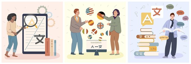 Vector gratuito servicio de traducción conjunto de tres composiciones cuadradas con iconos planos de engranajes, letras, libros y personas, ilustración vectorial