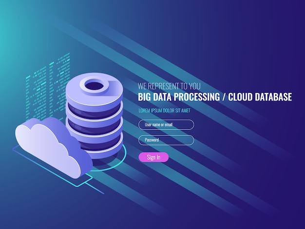 Servicios de almacenamiento de datos en la nube, iconos de código de programa de nube de base de datos