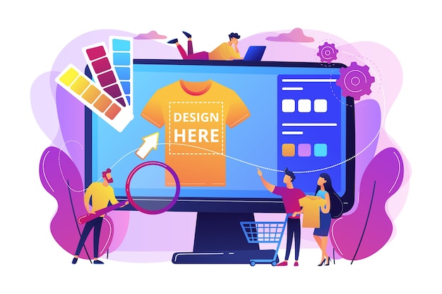 Servicios de impresión de camisetas bajo demanda. Diseño de ropa promocional. Merch ropa, productos personalizados de merchandising, concepto de servicio de diseño de merchandising.