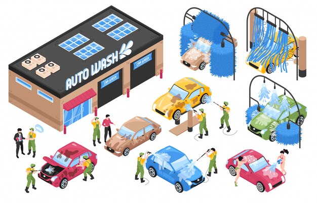 Servicios de lavado de automóviles isométricos con edificios de estaciones de lavado aislados y maquinaria con automóviles y personas ilustración vectorial