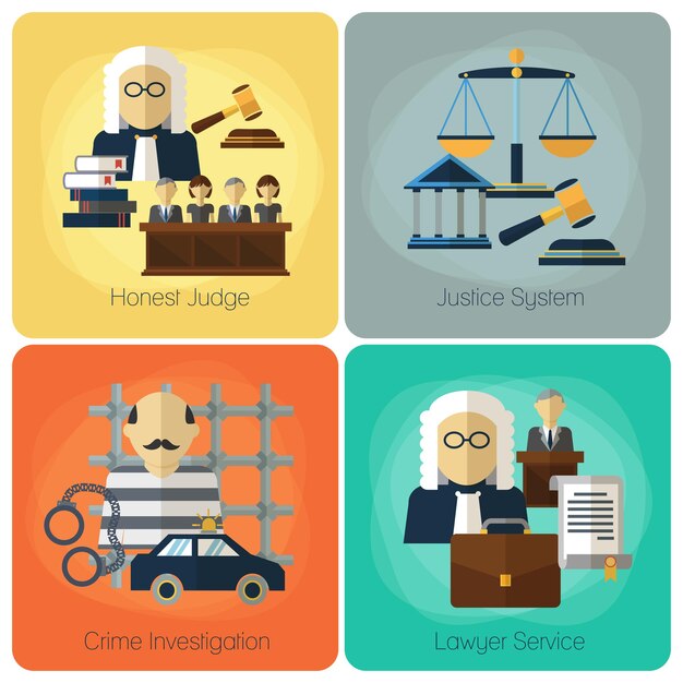 Servicios legales, ley y orden, conjunto de concepto plano de justicia.