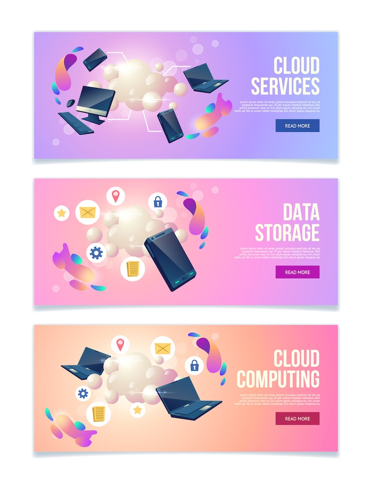 Vector gratuito servicios en línea de almacenamiento de datos y computación en la nube, banners web de empresas de hosting, conjunto de páginas de destino