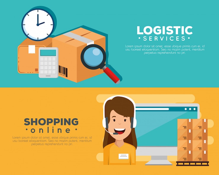 Vector gratuito servicios logísticos con agente de soporte y conjunto de banners informáticos