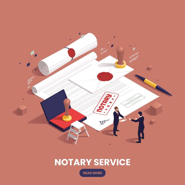 Servicios notariales coloreados y composición isométrica dos dos personas hacen contrato y se dan la mano y está el sello en el documento en la ilustración vectorial de fondo