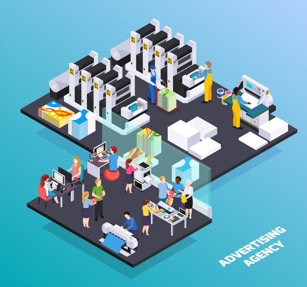Servicios de personal de agencias de publicidad composición isométrica con anuncios diseñadores clientes promoción imprenta producción corte ilustración