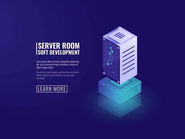 Vector gratuito servidor de datos, procesamiento de información, tecnologías digitales computacionales, almacenamiento de datos en la nube.