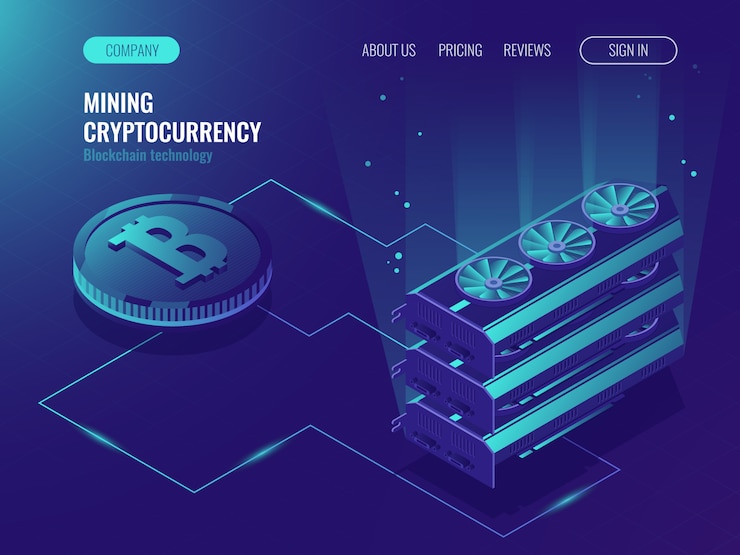 Vector gratuito servidor de granja de minería criptográfica. blockchain isométrico, procesamiento de big data
