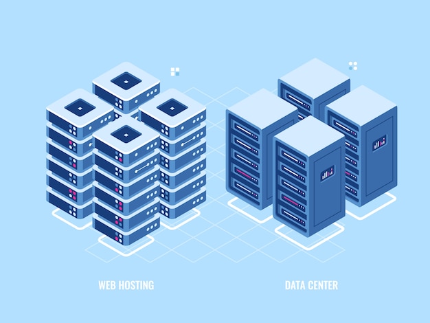 Servidor web de servidores de rack, icono isométrico de base de datos y centro de datos, tecnología digital blockchain