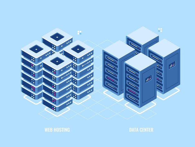 Servidor web de servidores de rack, icono isométrico de base de datos y centro de datos, tecnología digital blockchain