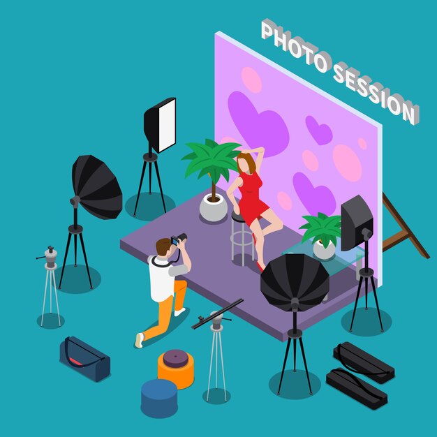 Sesión de fotos isométrica con mujer joven en vestido rojo posando para el fotógrafo en estudio