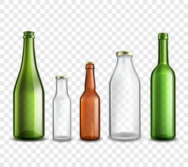 Set 3d de botellas de vidrio realista
