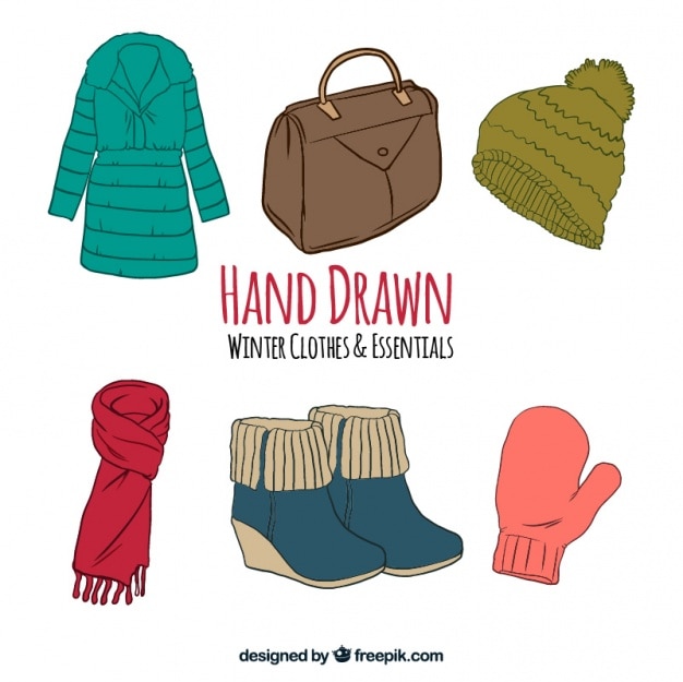 Set de abrigo y varios elementos de invierno dibujados a mano 