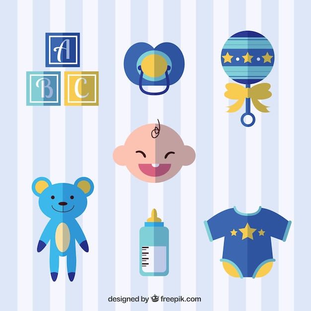 Vector gratuito set de accesorios de bebé en diseño plano