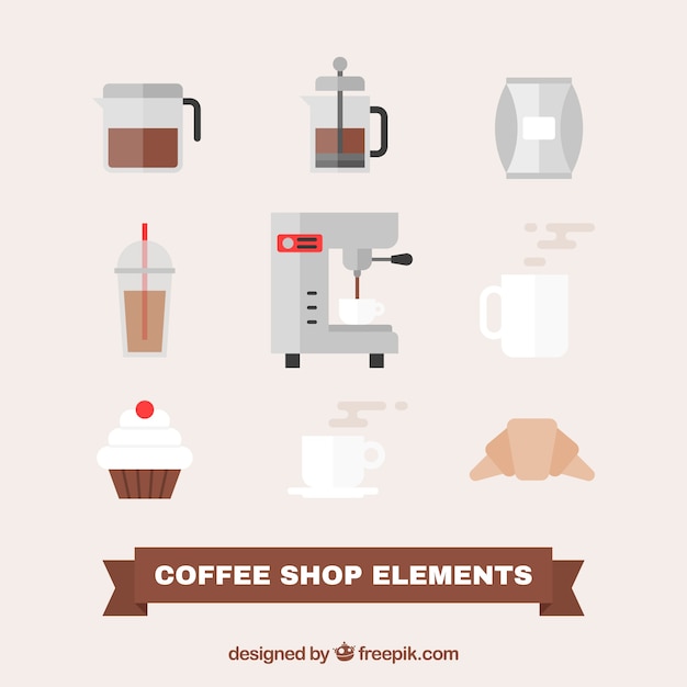 Vector gratuito set de accesorios de cafetería en diseño plano